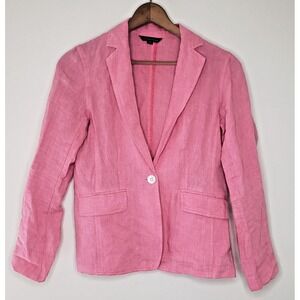 Lands End Womens Linen Blazer Sz 4 One-button Pink Summer Coastal Preppy Career
